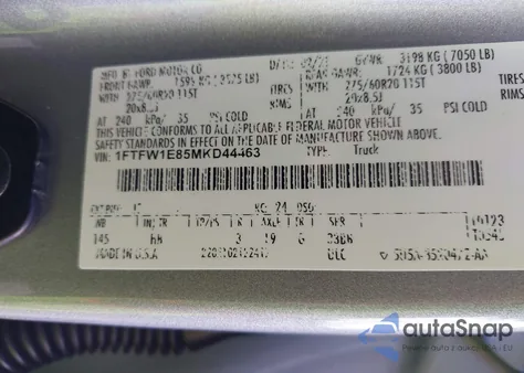 2021 Ford F-150 Lariat from USA, damaged, VIN 1FTFW1E85MKD44463